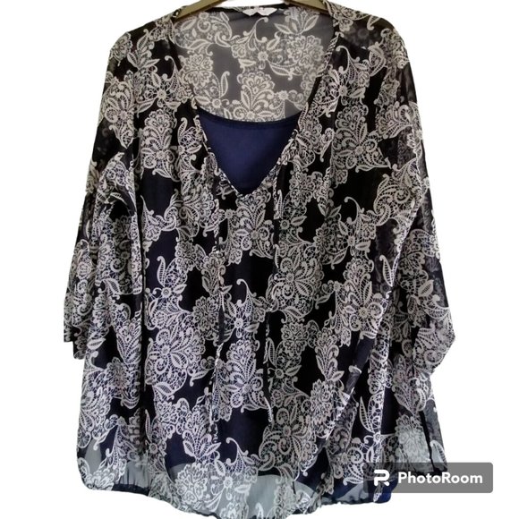 Tops - Womens Blouse Size 28 Navy And White Double Layer dress up or down